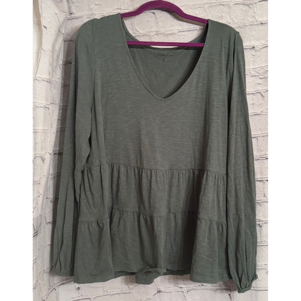Torrid Olive Green Tiered Babydoll Long‎ Sleeve V Neck Shirt Womens Size 0X(12)